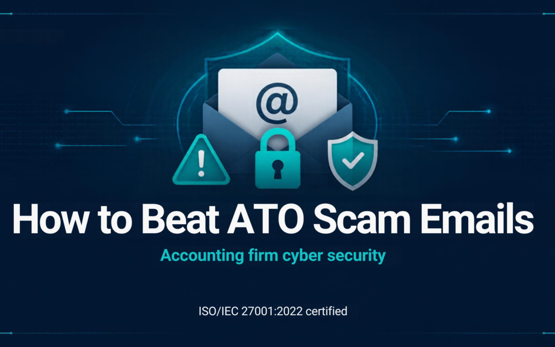 How to Beat ATO Scam Emails", the sub-line "Accounting firm cyber security", a small "IOG Global" label, and a footer tag "ISO/IEC 27001:2022 certified