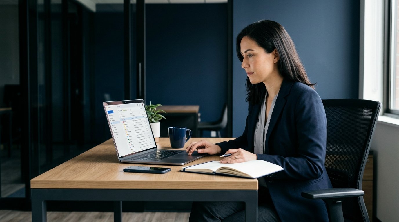 A professional woman sitting at a desk working on a laptop to delegate email in an accounting firm.